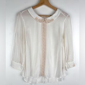 Free People Ivory Sheer Lace-Trim Button Blouse